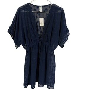 Outdoor Oasis Seaside Cabana Navy Blue Star Embroidered Swim Cover Up Medium NEW
